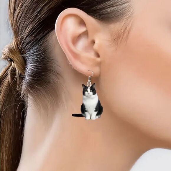 Black Tuxedo Cat 🐈‍⬛ Earrings Gothic Dangle Shiny Acrylic Tux Kitty Cute Gift - Picture 5 of 8